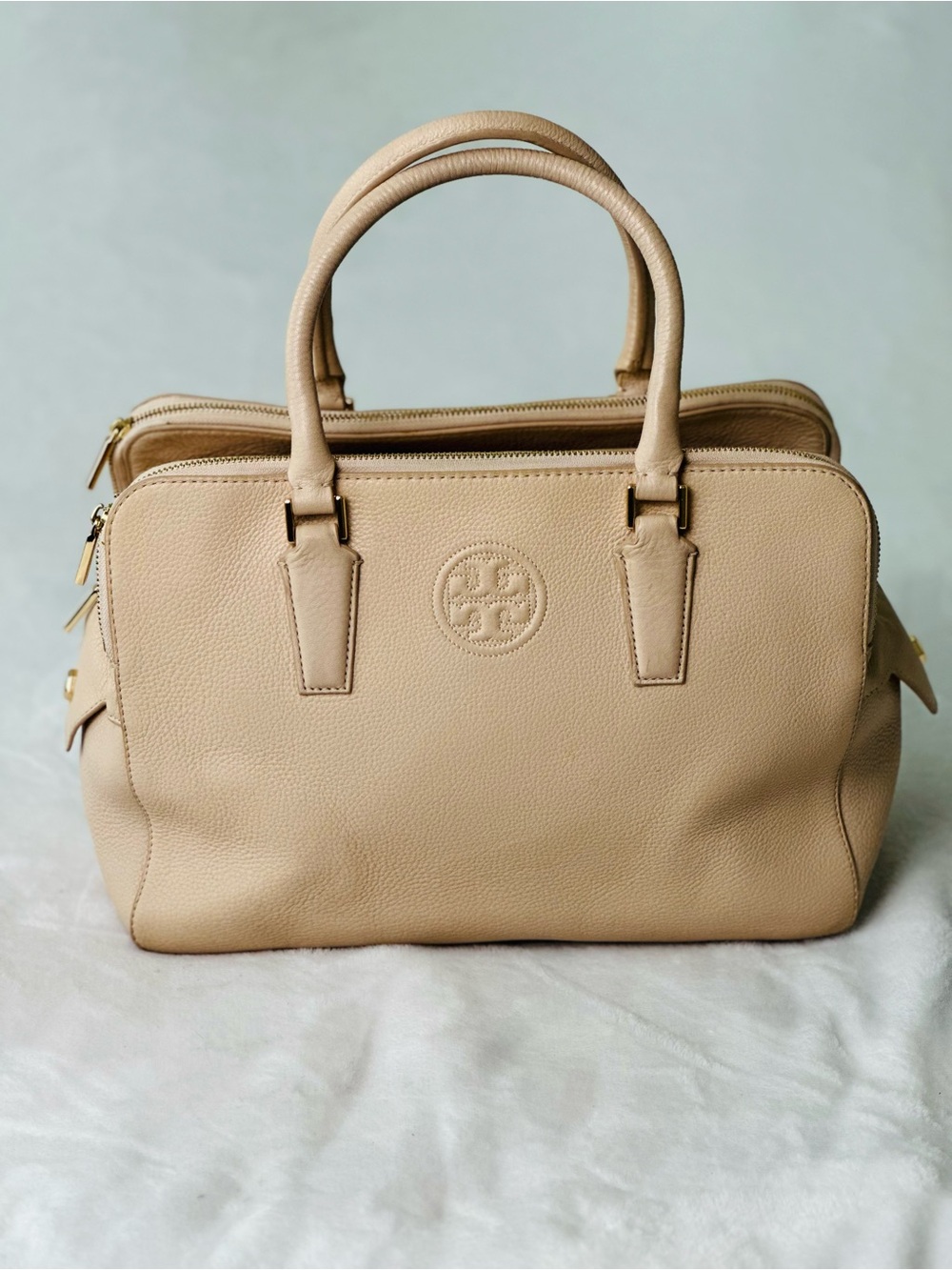 Tory Burch Leather Marion Triple Zip Satchel Pebbled Blush Leather